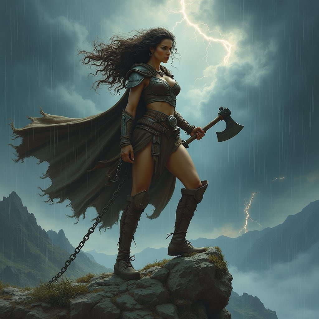 Fierce Celtic Warrior Maiden Breaks Free from Chains on Mist...