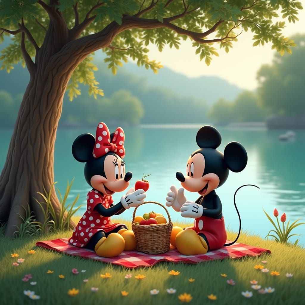 Mickey and Minnie Mouse Enjoying a Lake Picnic in Whimsical ...