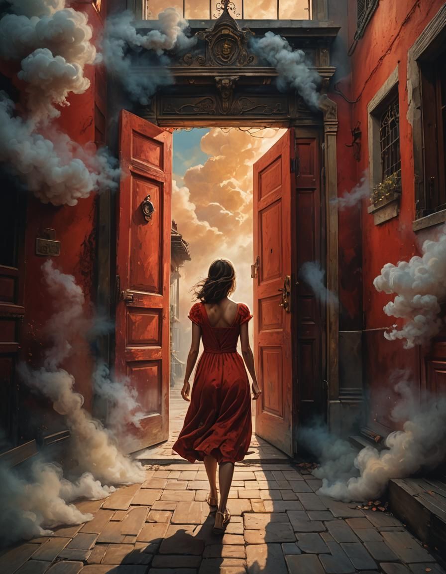 Girl by Red Door: Surreal Magical Realism