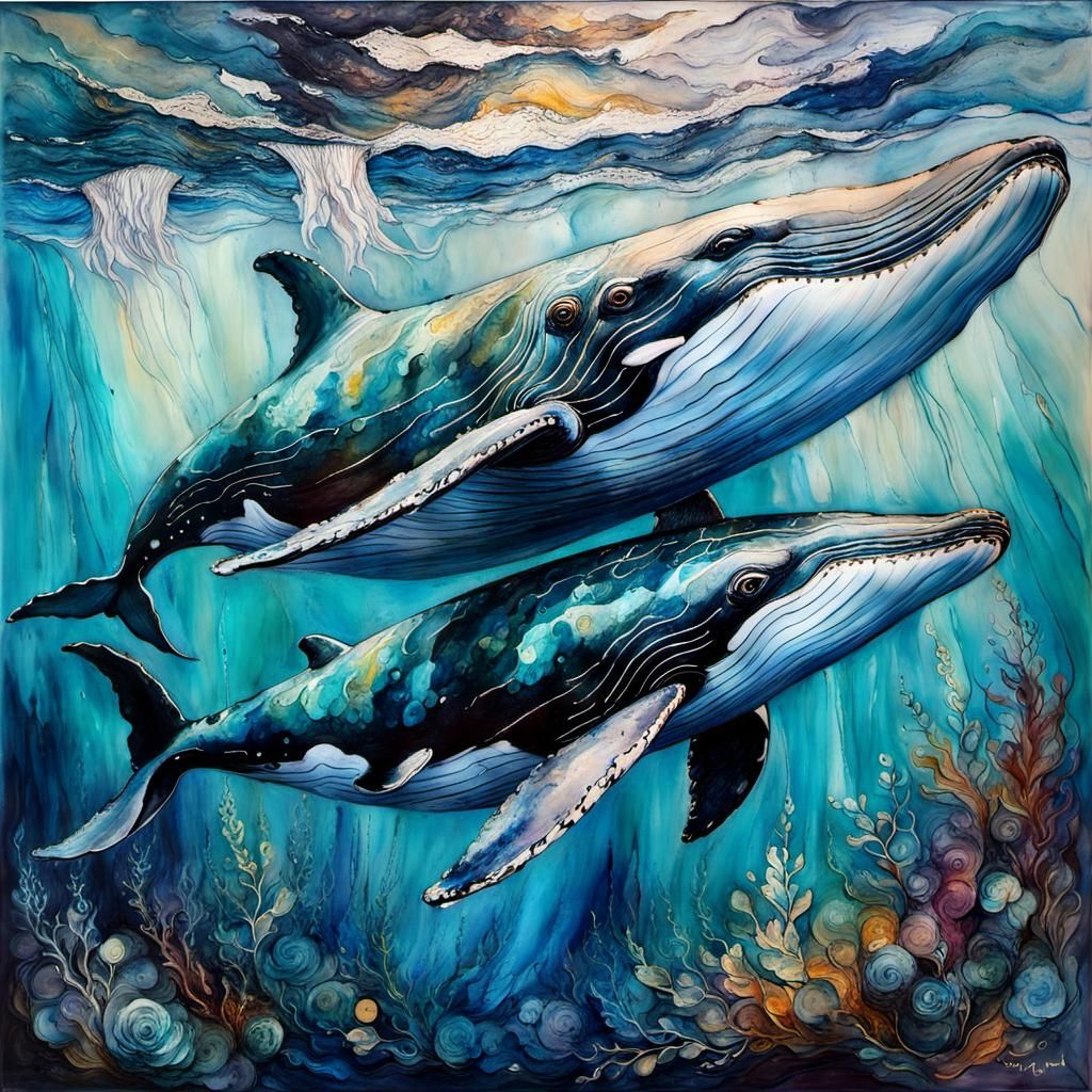 Humpback Whale and Calf in Encaustic Alcohol Ink Style