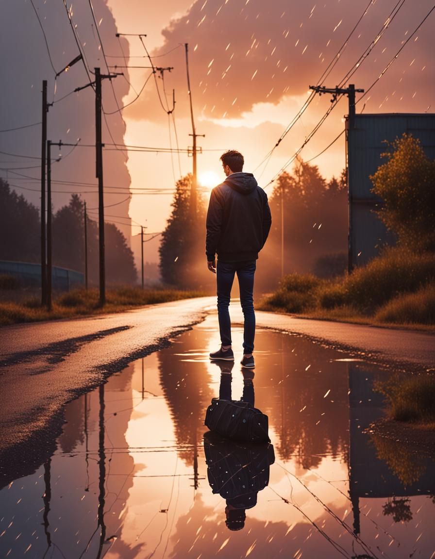 Man Reflecting in Puddle on Rainy Road