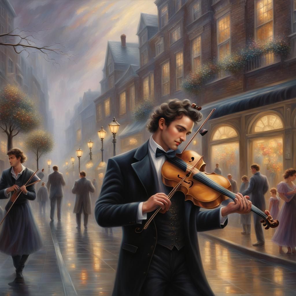 Ethereal Cellist in Busy Street, Fantasy Art