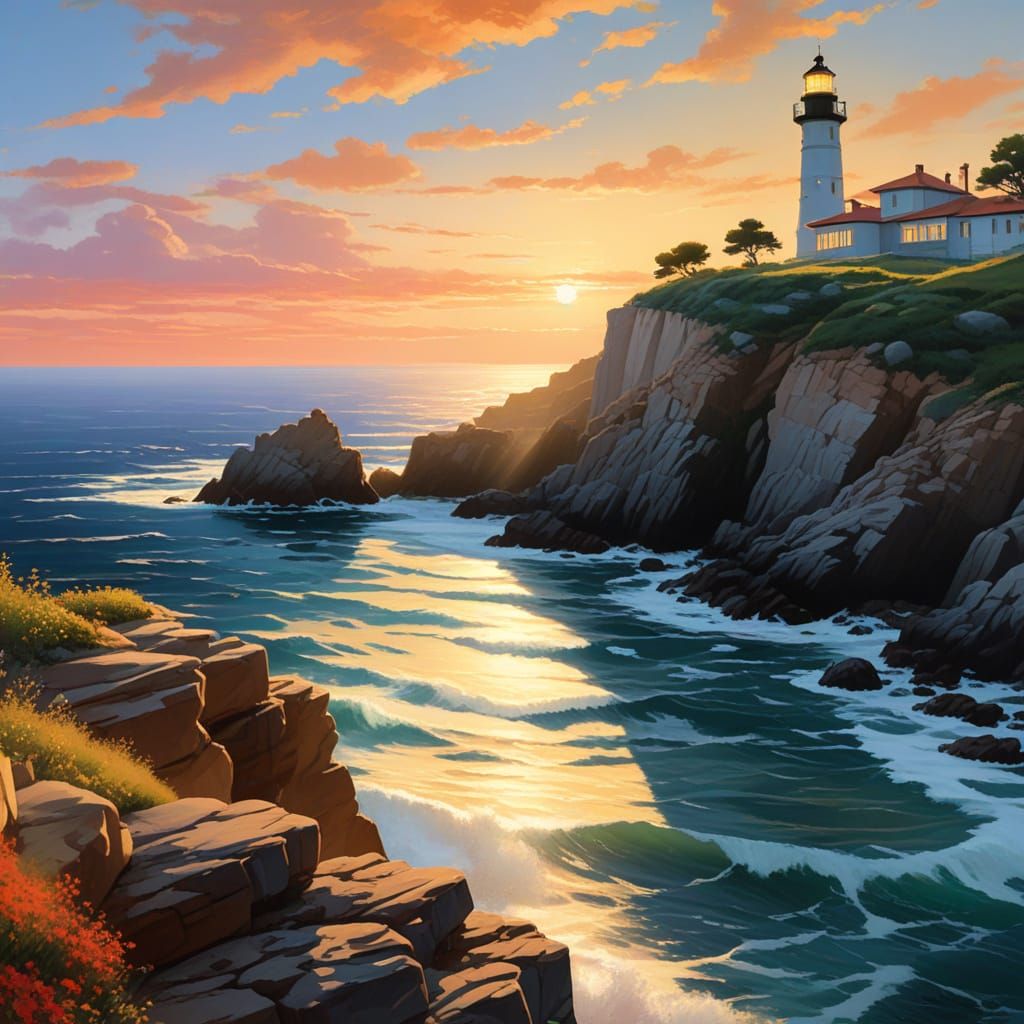 Coastal Lighthouse Sunset: Impressionistic Summer Landscape