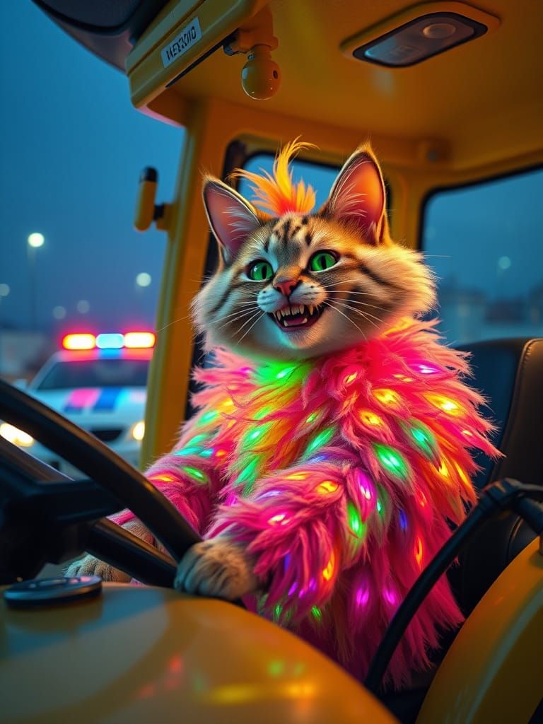 Cat Clown in Tractor with Police Car - Alcohol Ink Style