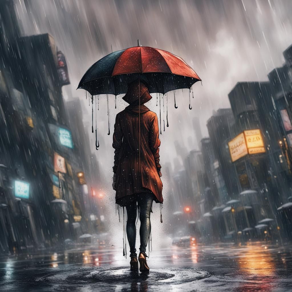 Ink Sketch of Woman in Rain