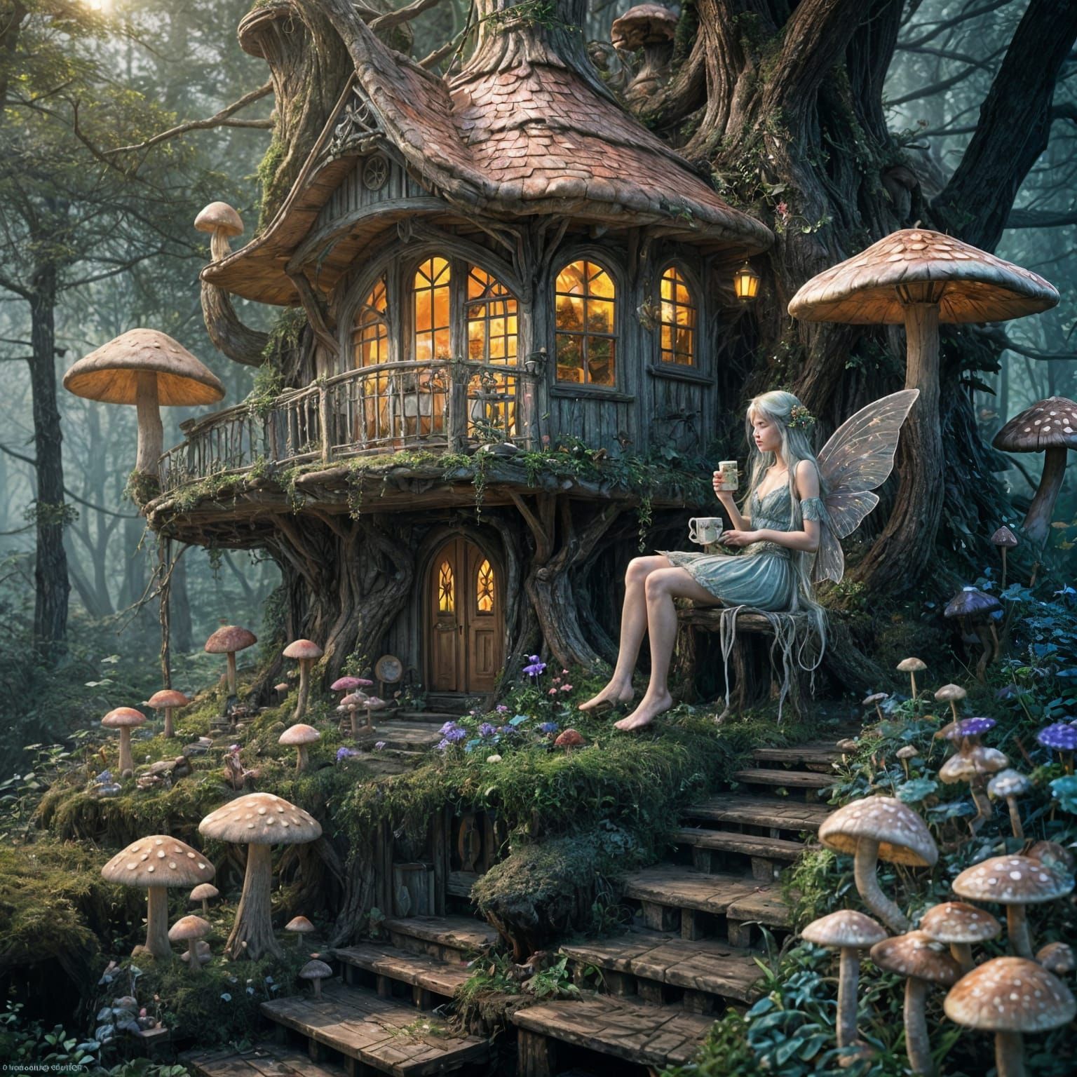 Fairy Mushroom House in Bioluminescent Forest