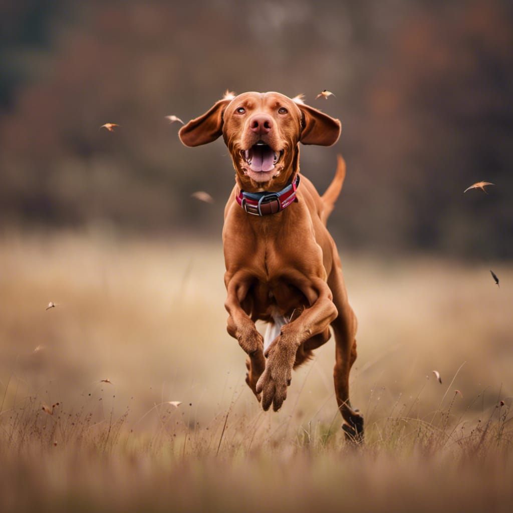 Vizsla Dog Chasing Pheasant in Field: Professional Photograp...