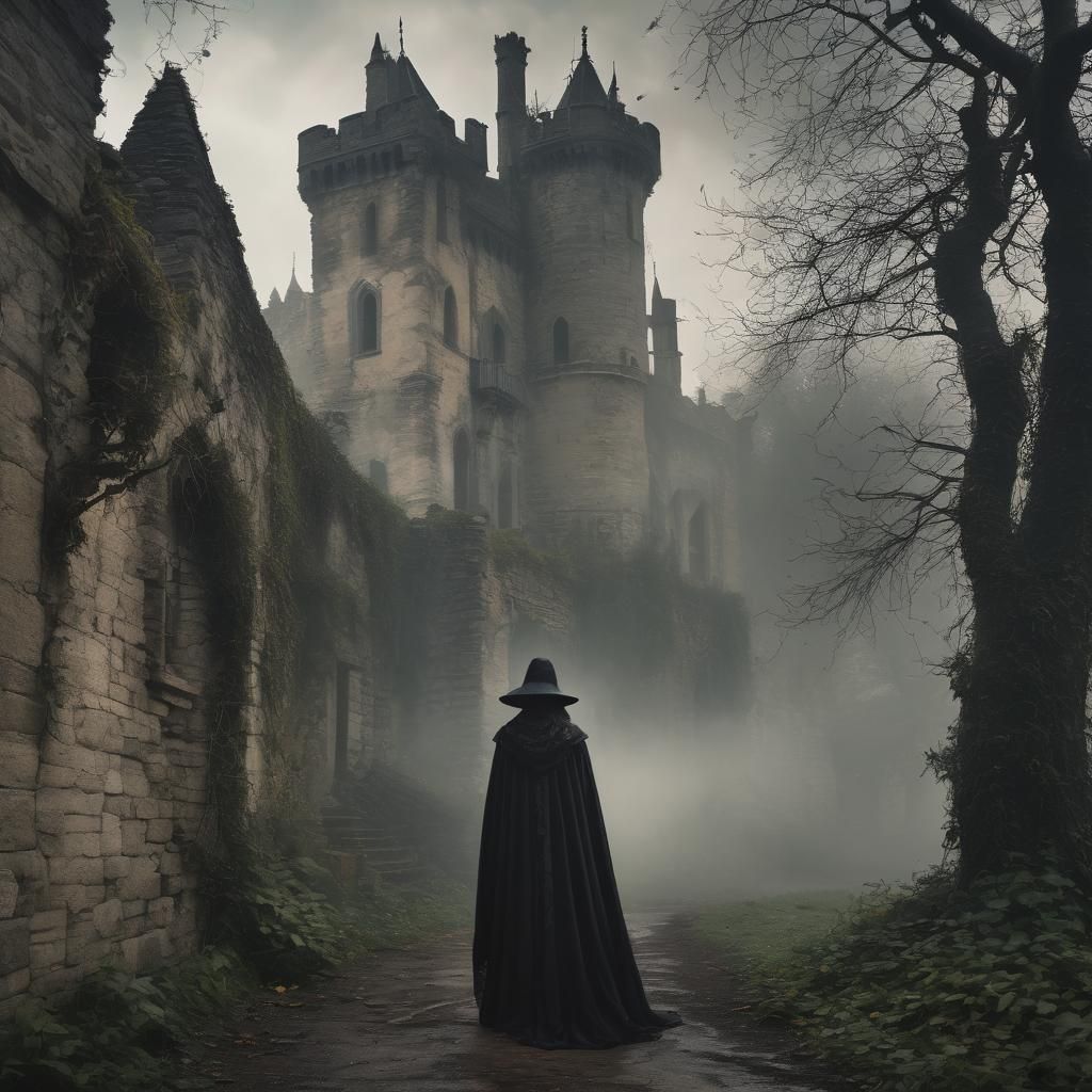 Gothic Figure in Shadow Before Crumbling Castle
