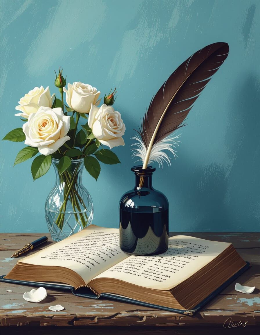 Ink Quill and Roses on Wooden Table