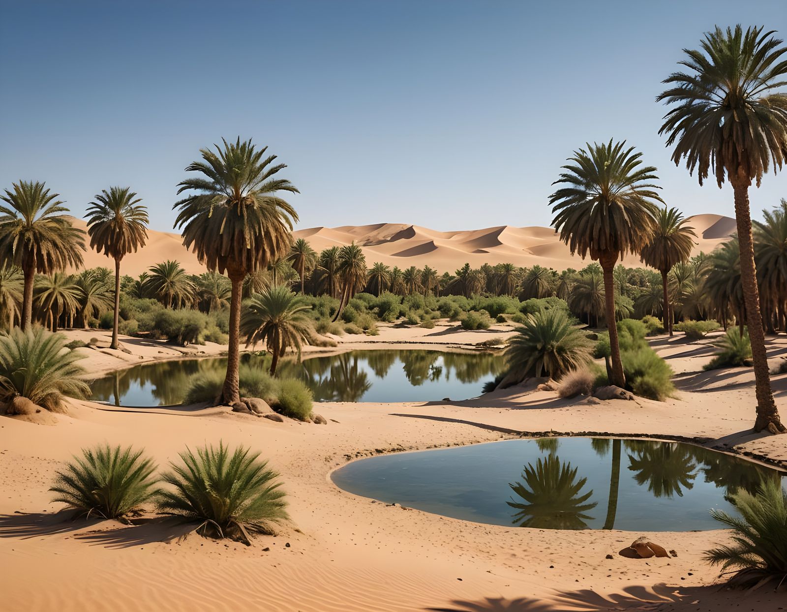 Tranquil Desert Oasis with Palms and Dunes
