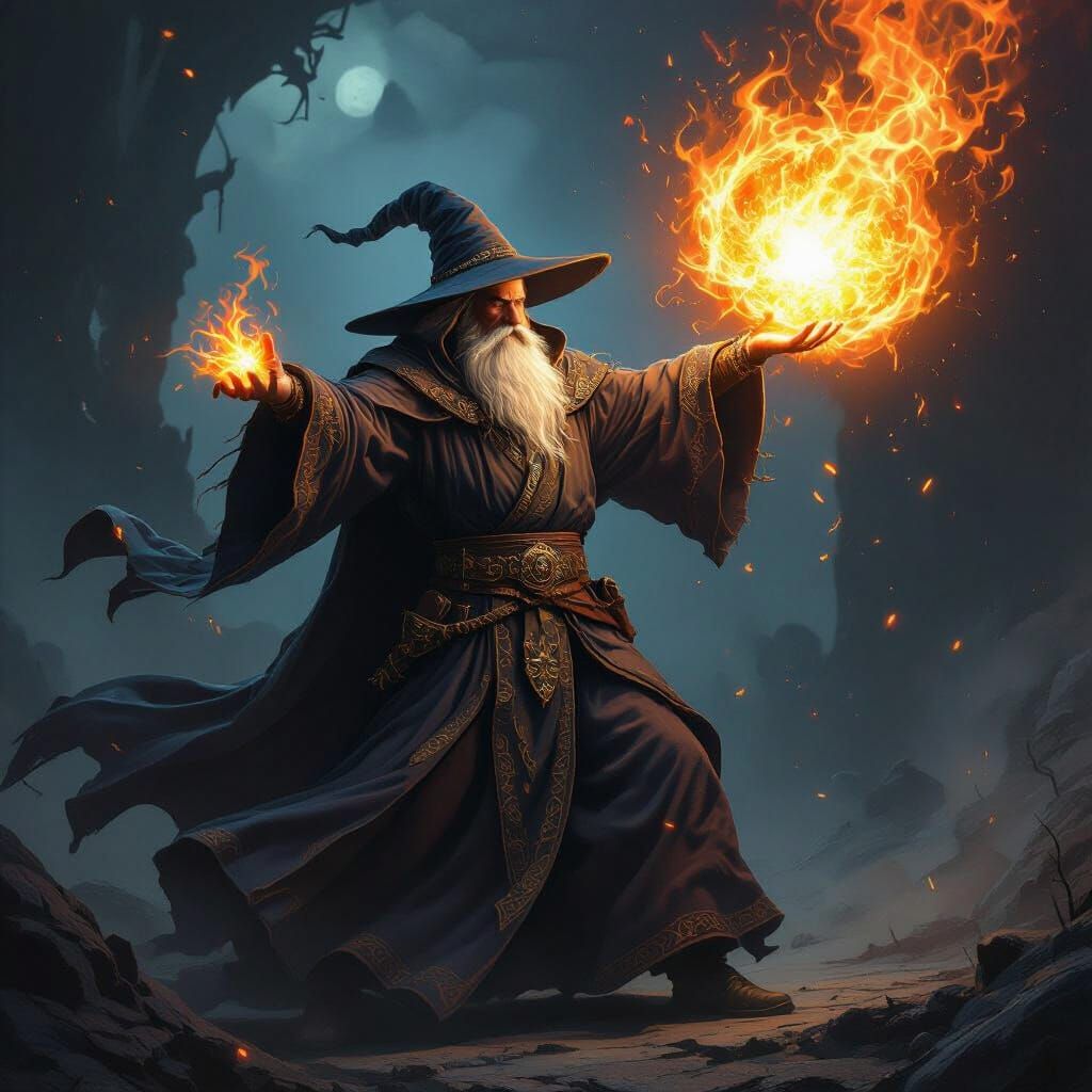 Wizard Conjures Fireball in Dramatic Fantasy Art