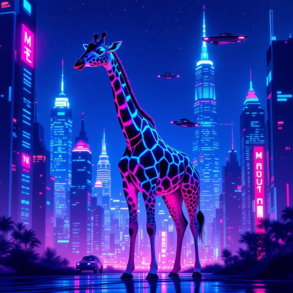 Bioluminescent Giraffe in Neon Futuristic City