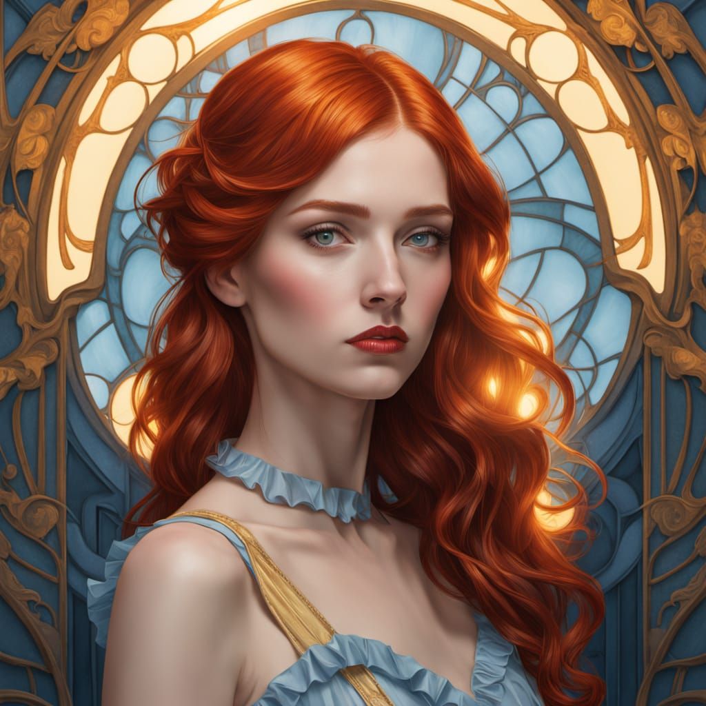 Art Nouveau Woman with Red Hair in Yellow and Blue