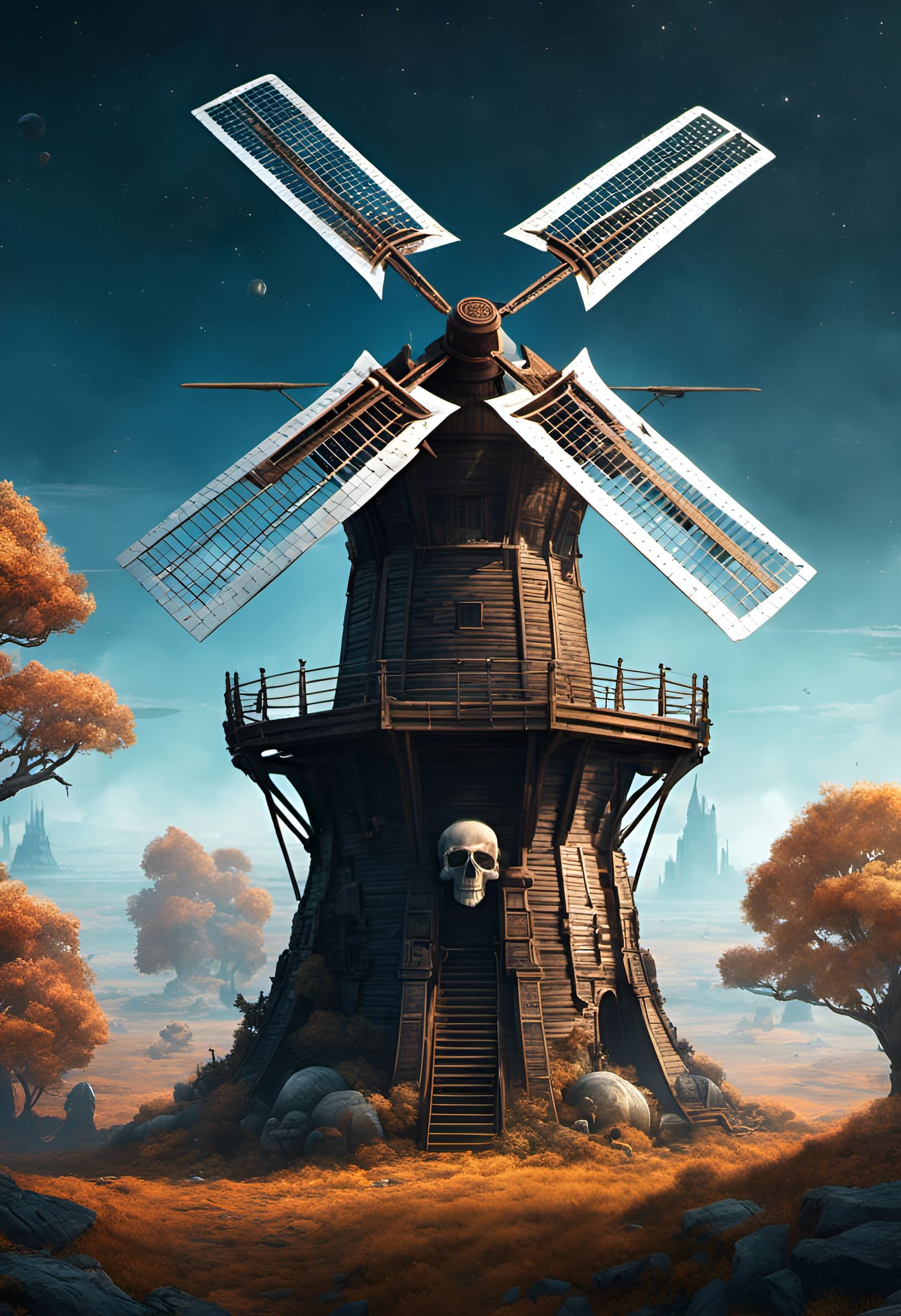 Tower Windmill with Skull in Space