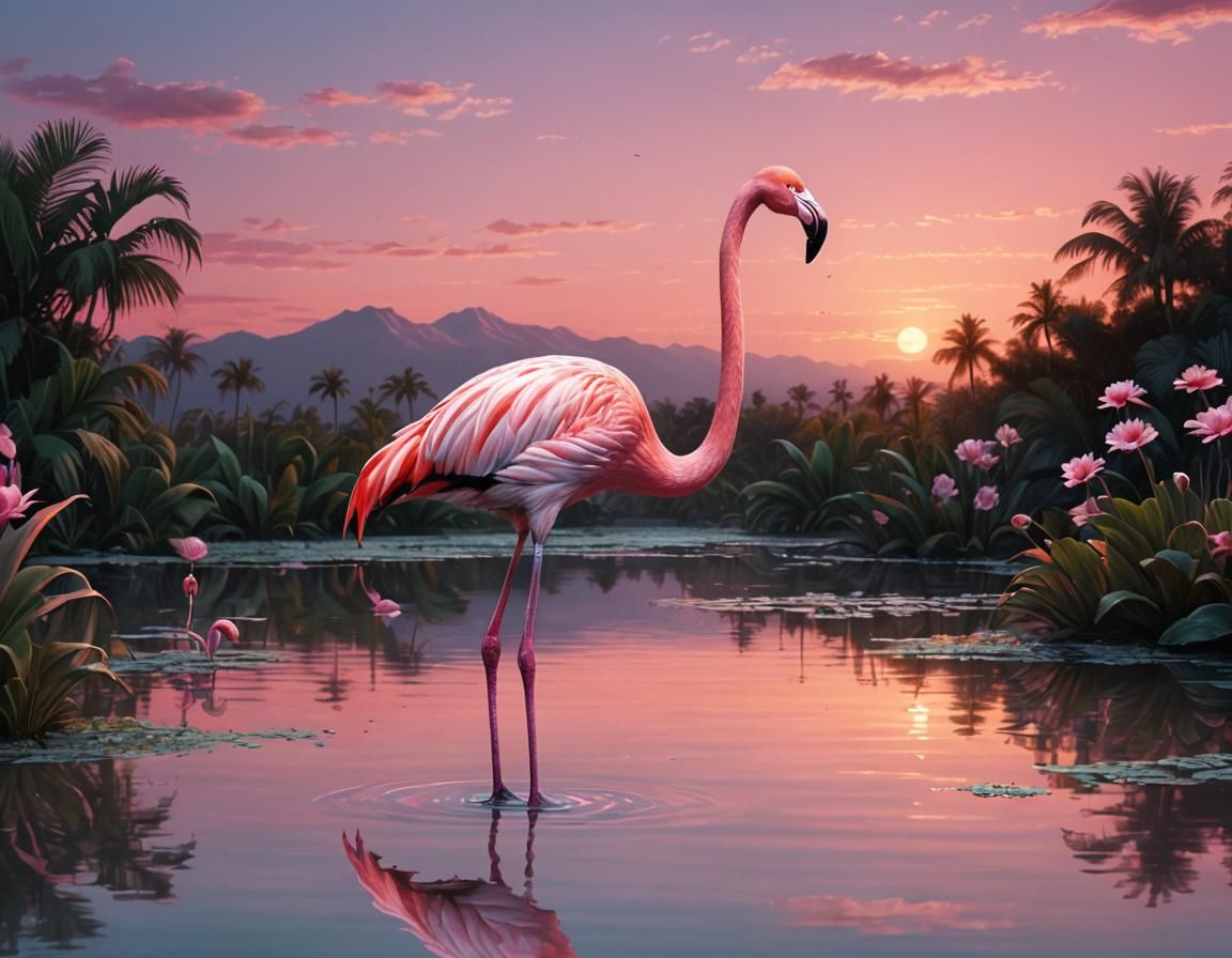 Graceful Flamingo in Sunset Lagoon, Digital Painting