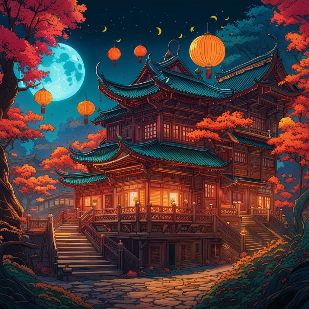 Vibrant Mid Autumn Moon Festival in Ghibli Style