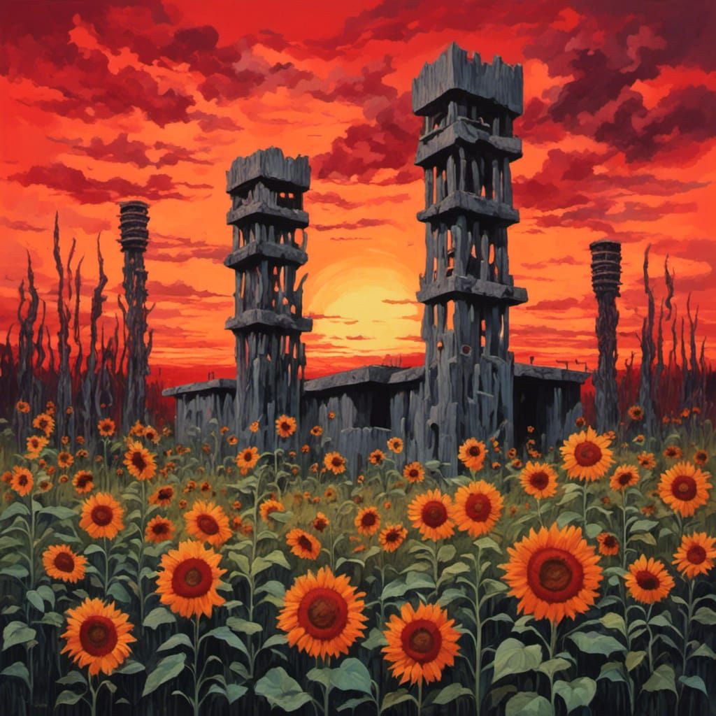 Brutalist Prison with Sunflowers and Red Sky