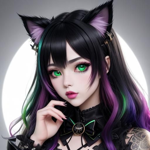 Kawaii Goth Female with Cat Ears in Anime Style