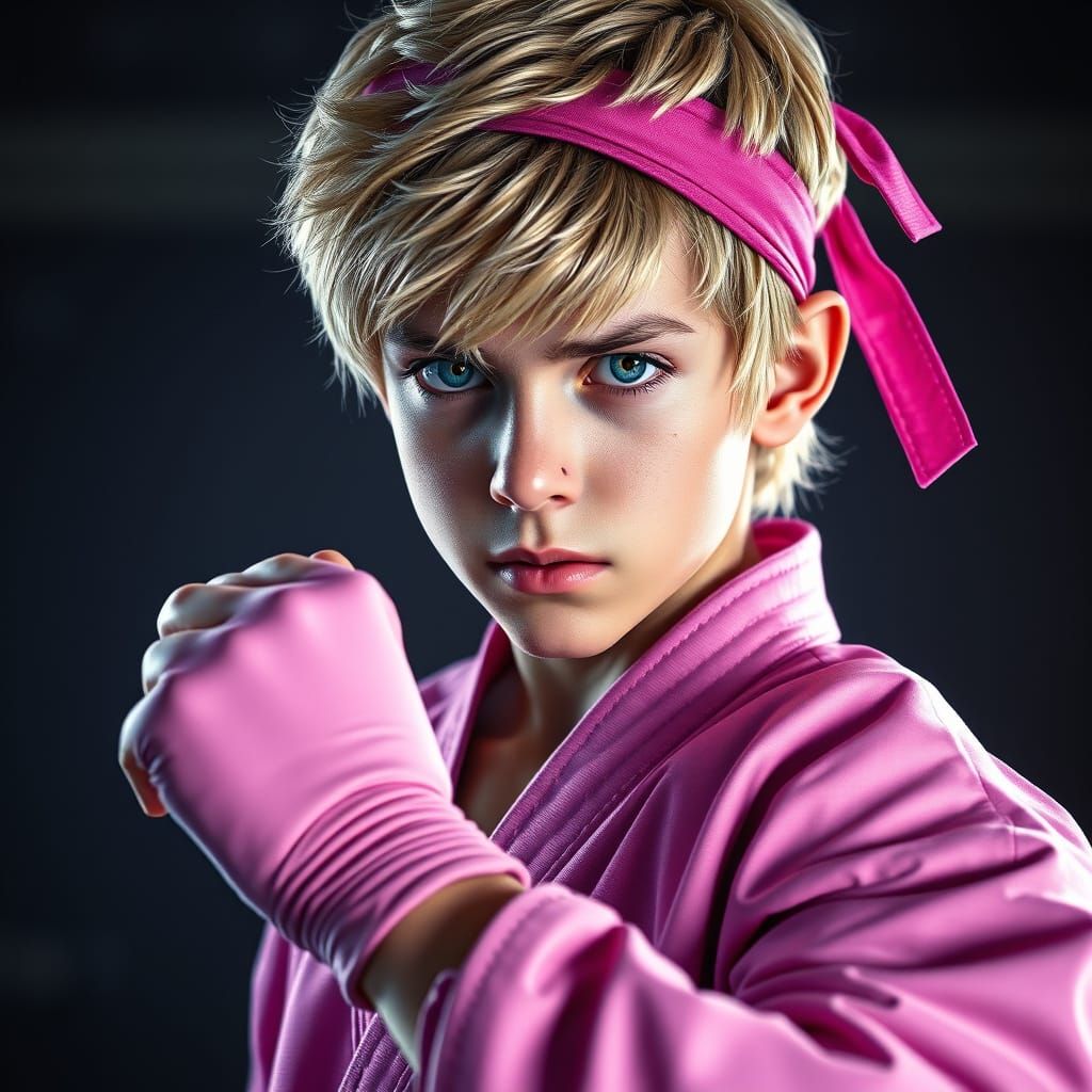 Teenage Karate Boy in Pink Suit, Hyperdetailed Portrait