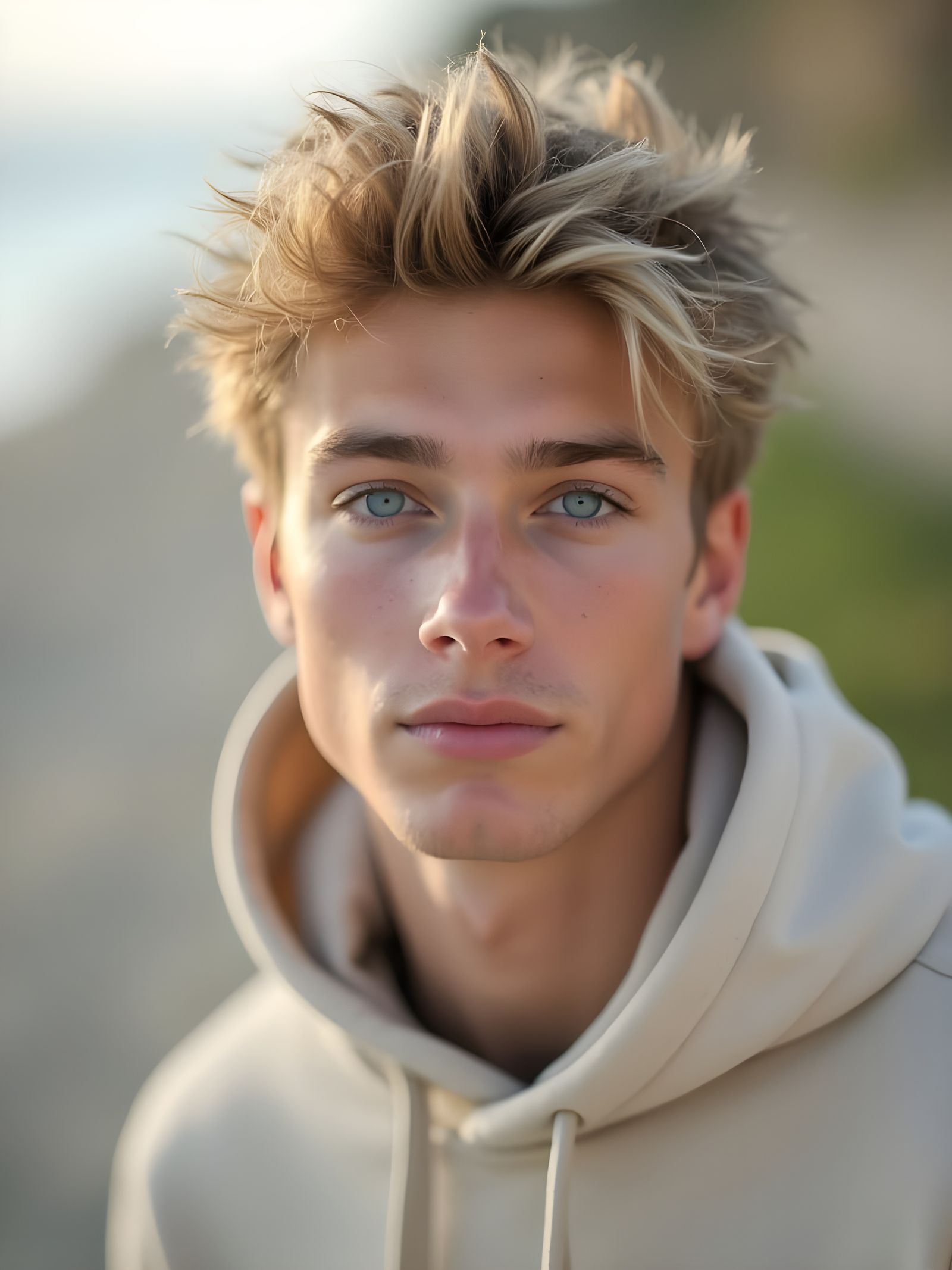 Portrait of Young Man with Blonde Hair and Blue-Green Eyes