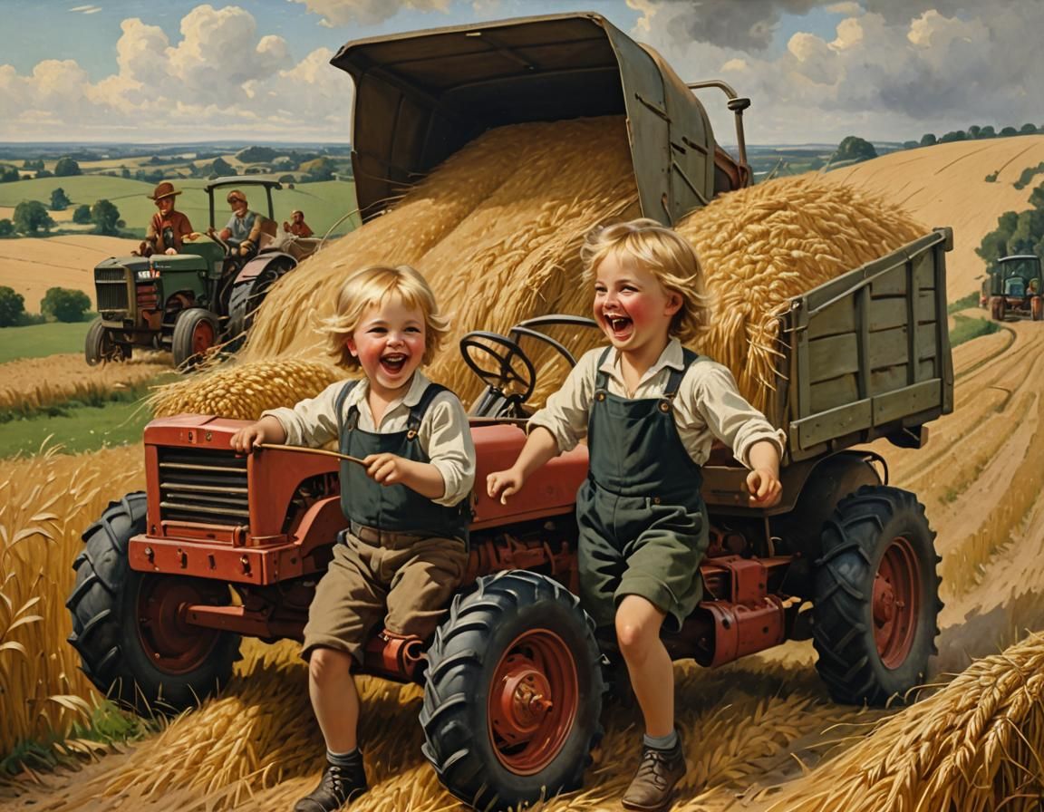 Children Playing in Wheat Field, Oil Painting