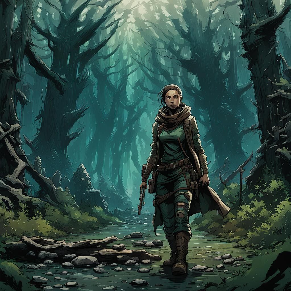 Post-Apocalyptic Woman in D&D Forest