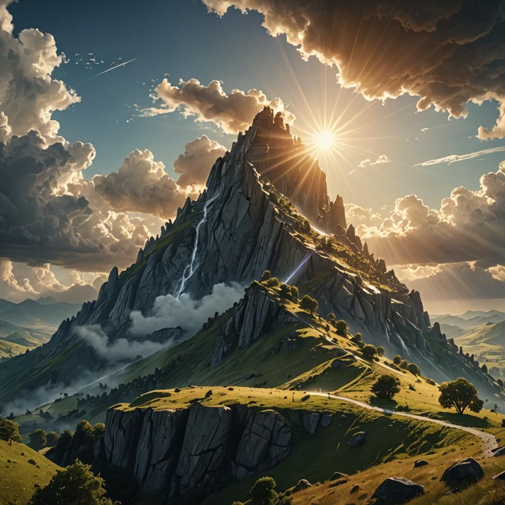 Majestic Hill Bathed in Heavenly Sunshine: Digital Matte Pai...