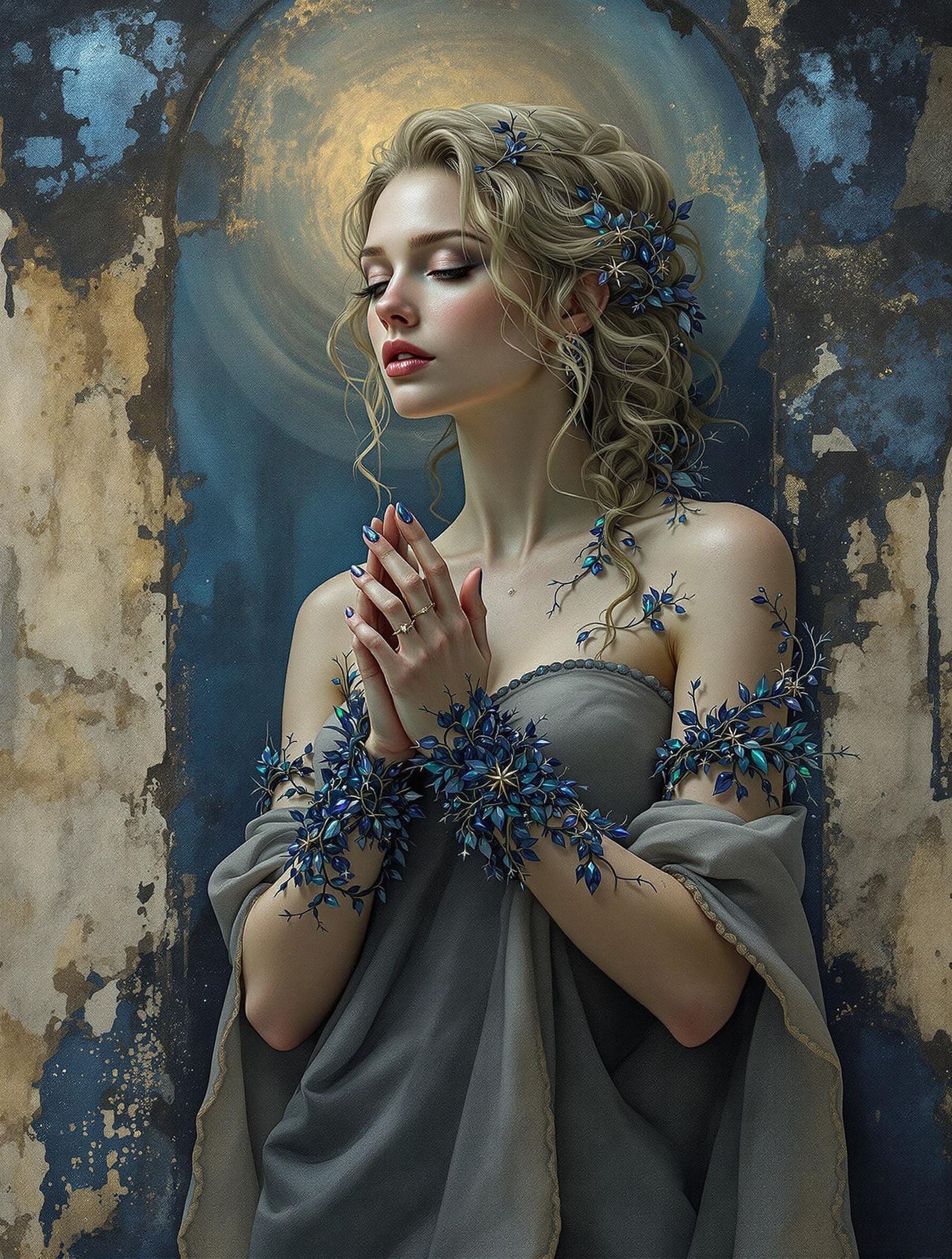 Slavic Maiden in Stormy Landscape with Ancient Runes and Iri...