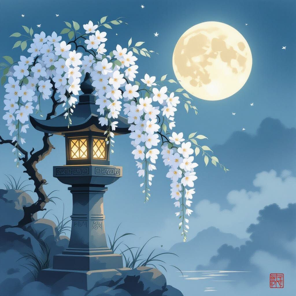 White Wisteria by Full Moon in Yamato-e Style