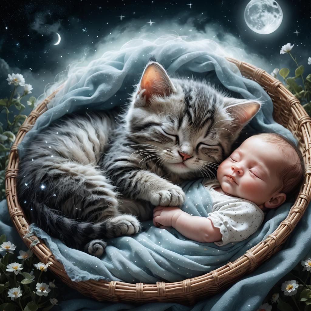 Baby Asleep Dreaming of Kitten in Magical Garden