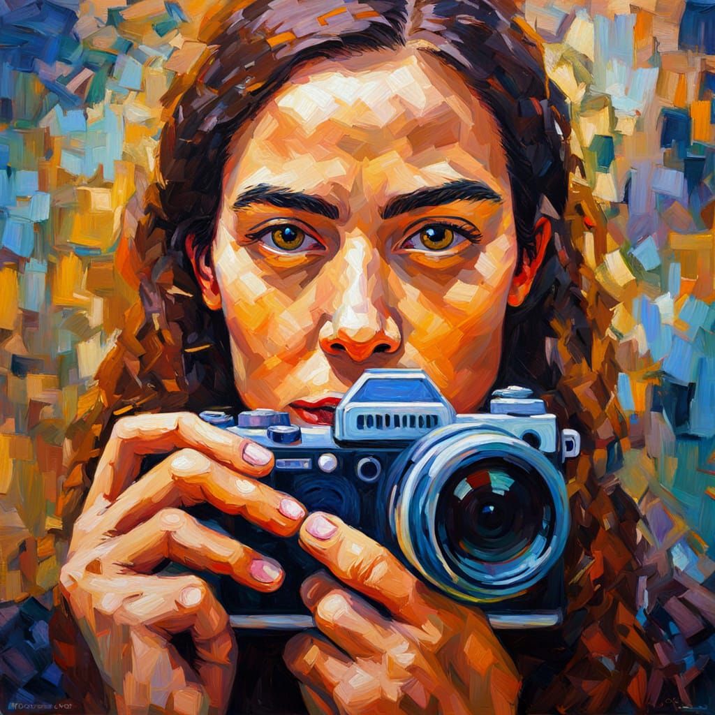 Woman with Camera as Expressionist Impasto Oil Painting