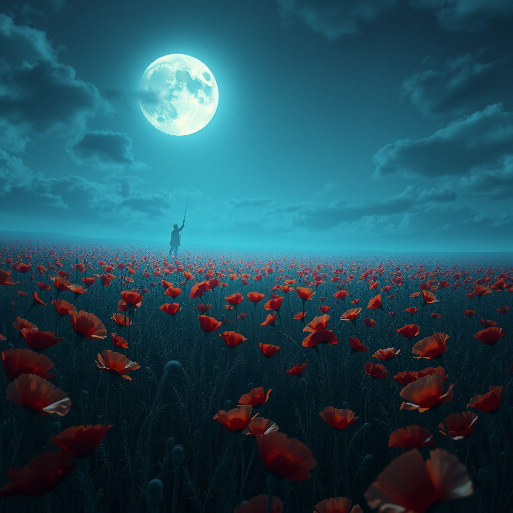 Moonlit Poppy Field: Detailed Fantasy Concept Art