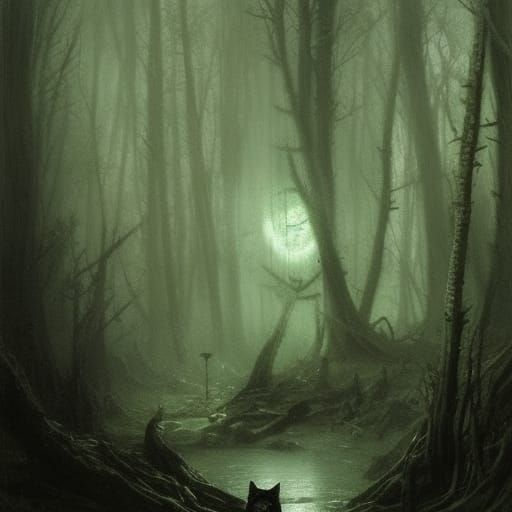 Eerie Green-Eyed Fox in Dark Forest