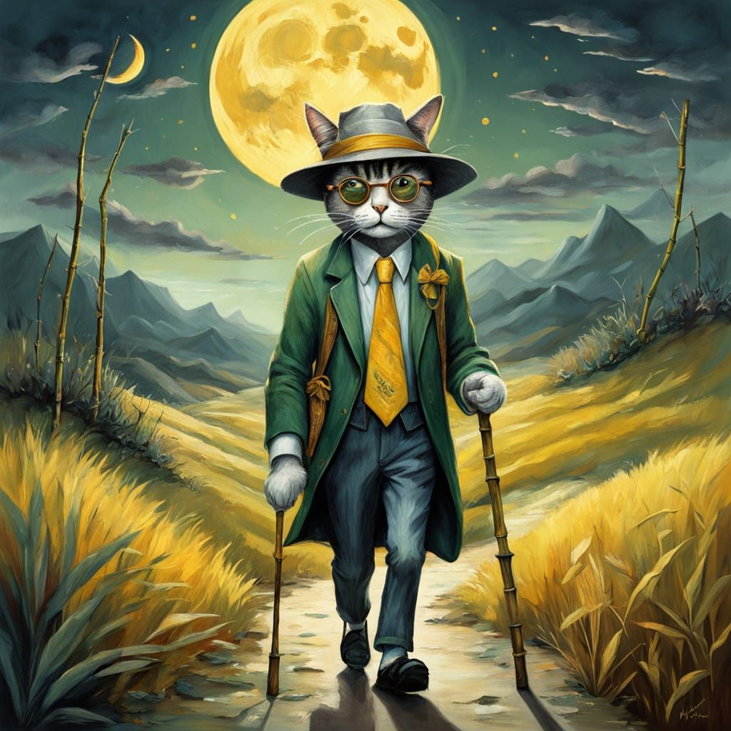 Whimsical Cat Person Walks to Distant Land Under Golden Moon