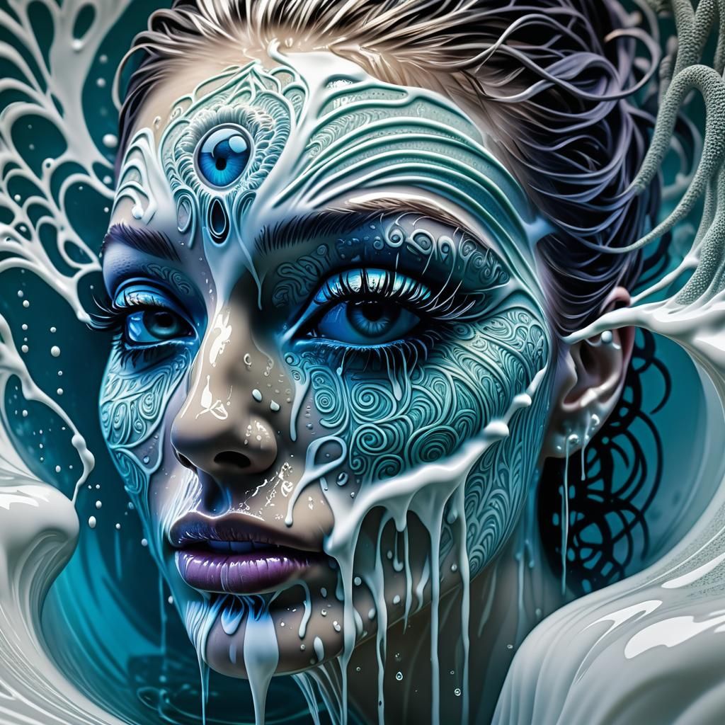 large crying eye creating a waterfall of milk, virus, detail...