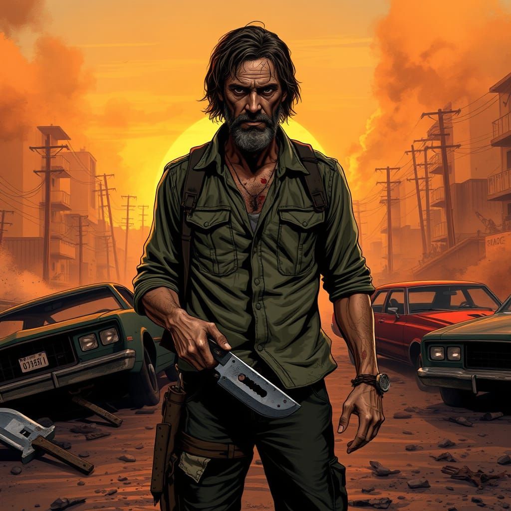 Post-Apocalyptic Survivor in Desolate Cityscape