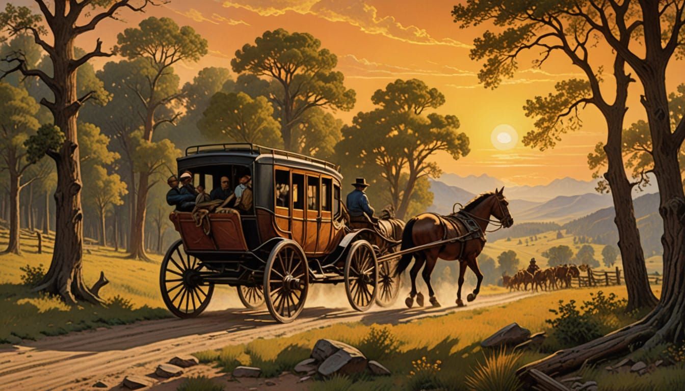 Stagecoach Rides Through Majestic 1800s Landscape