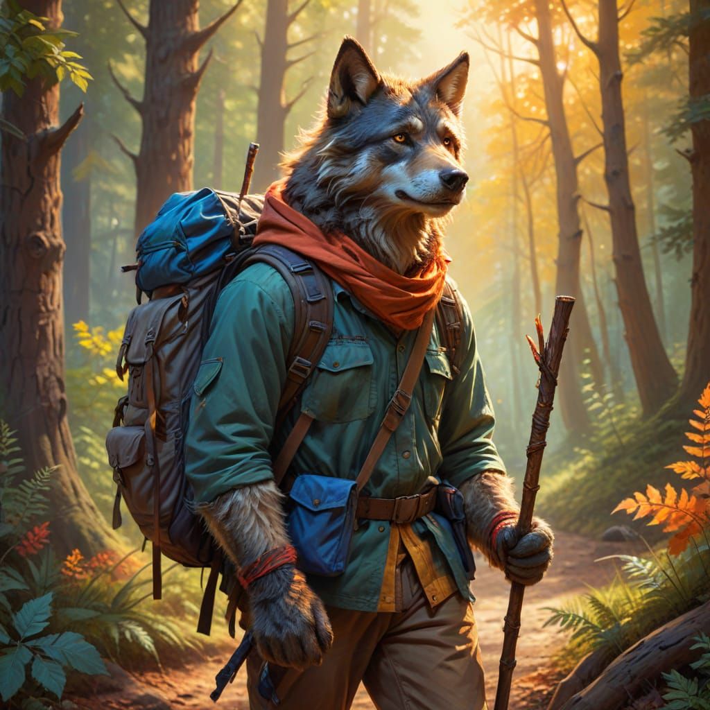 Young Werewolf Hikes in Vibrant Forest Painting