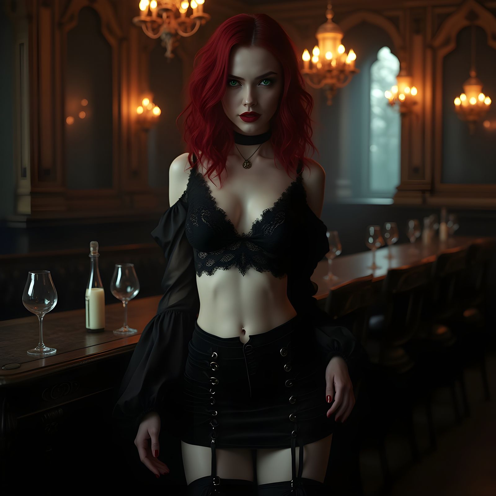 Gothic Woman with Crimson Hair in Sleek Nightclub