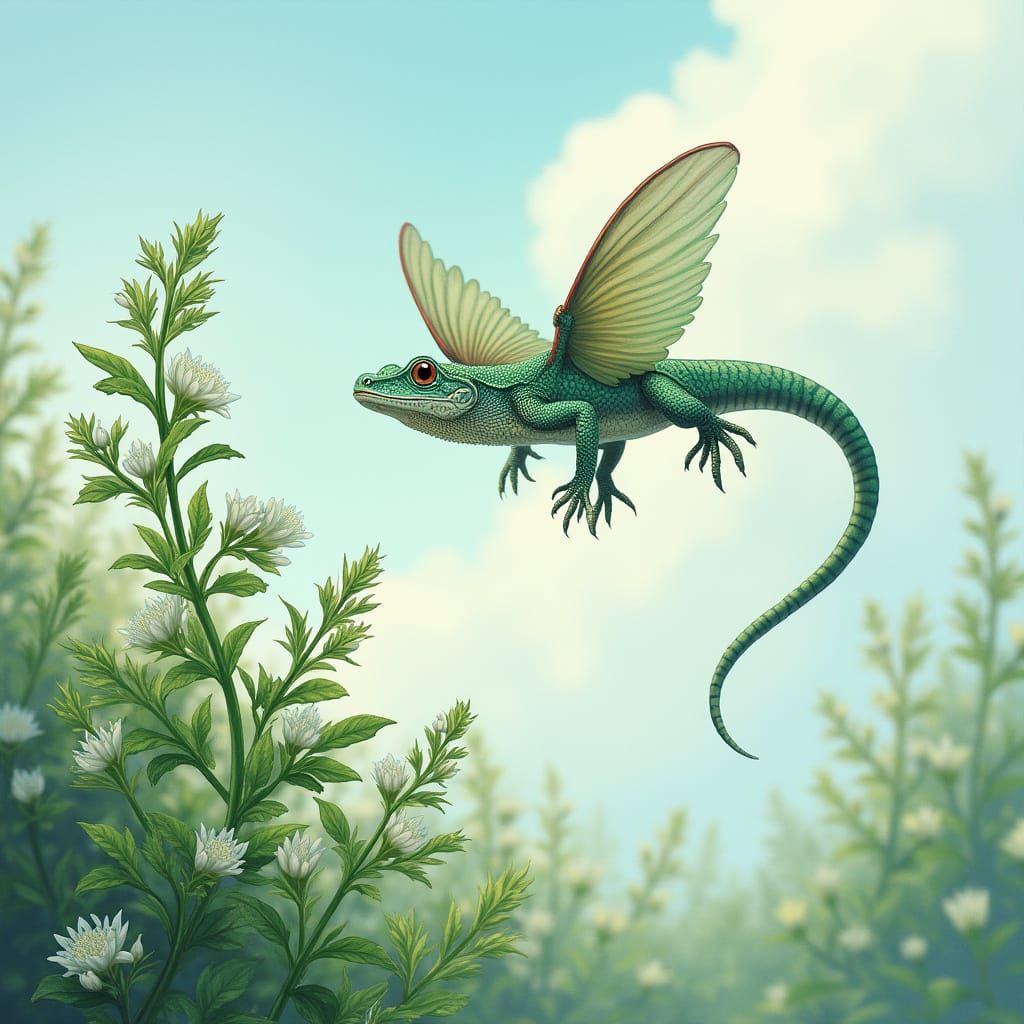 Lizard Soars Towards Whimsical Mountain Mint