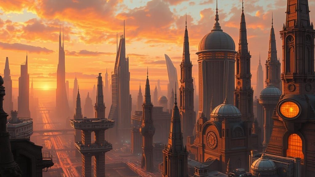 Futuristic Cityscape at Dusk in Romanticized Science Fiction...