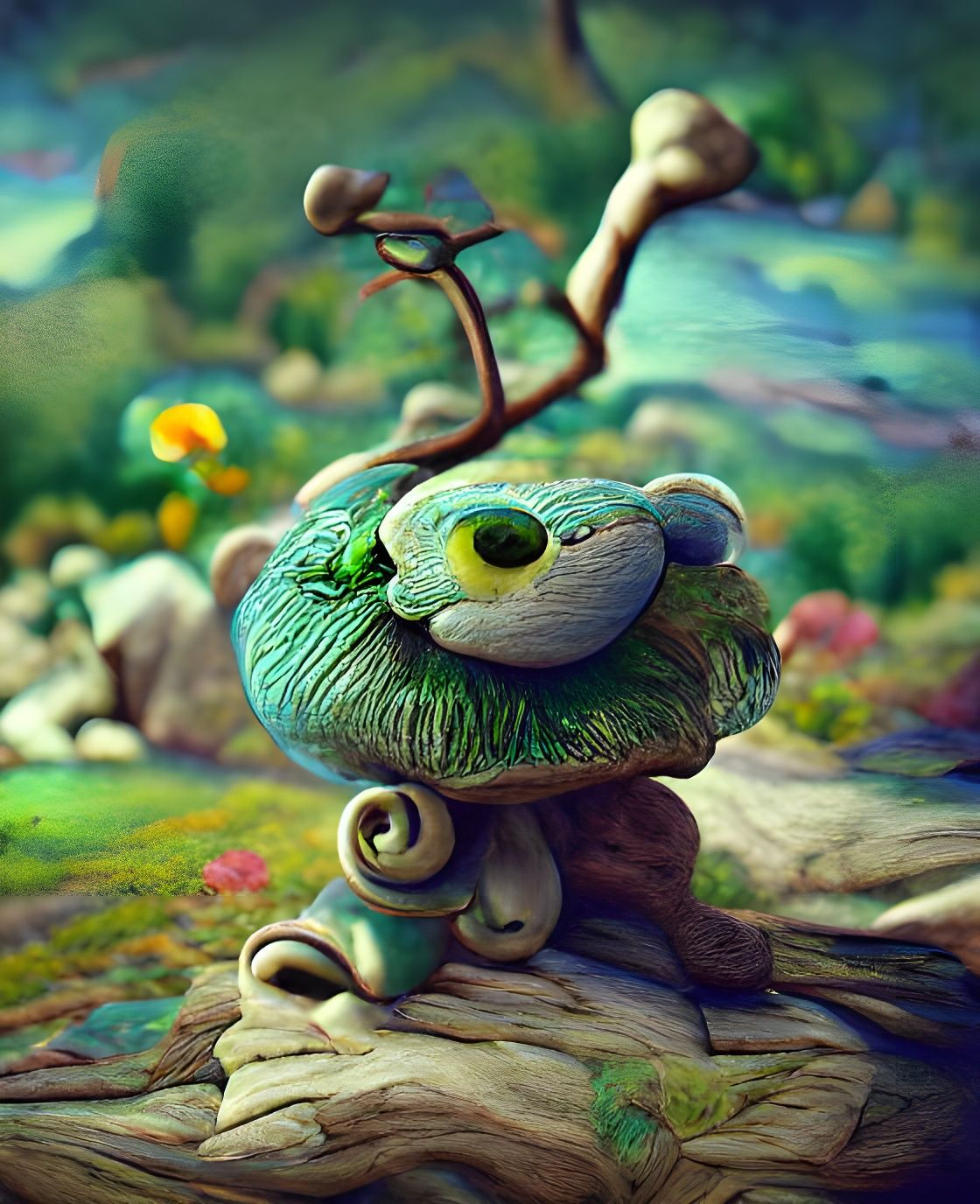Pixar-Style Mushroom Monster in Claymation Landscape