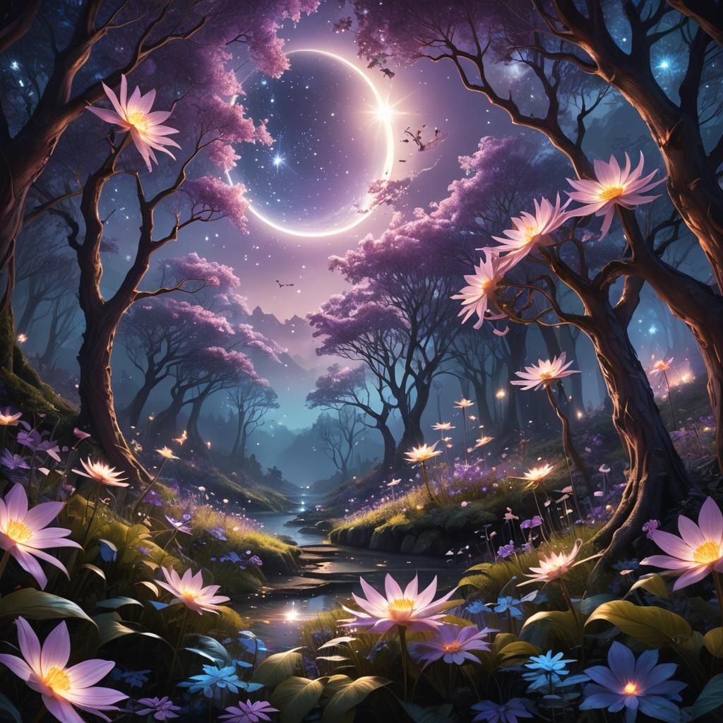 Mystical Forest Illuminated by Star-Shaped Flowers