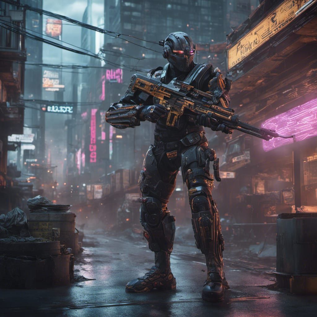 Cyberpunk Robot Bounty Hunter in Detailed Matte Painting