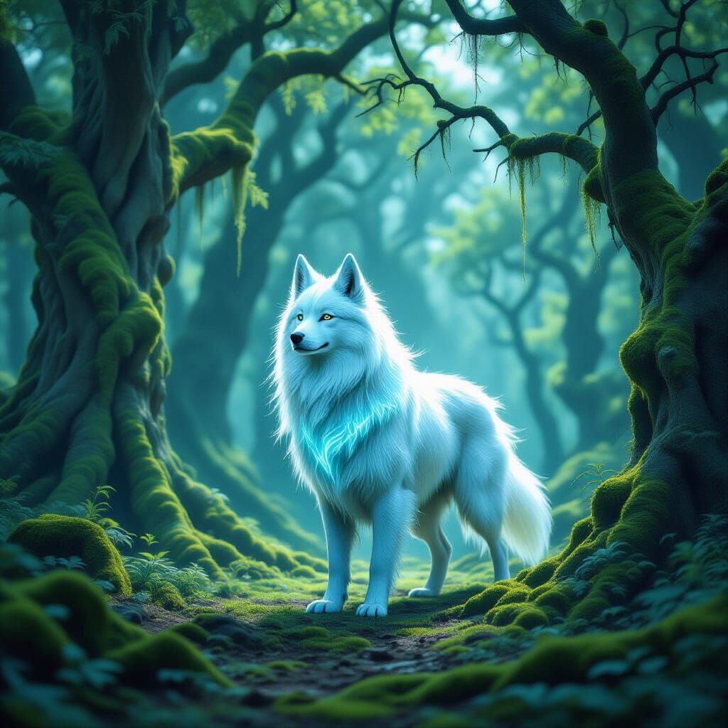 Bioluminescent Guardian in Overgrown Forest Clearing