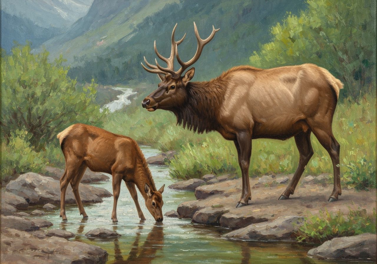 Majestic Elk by Mountain Stream in Impressionist Style