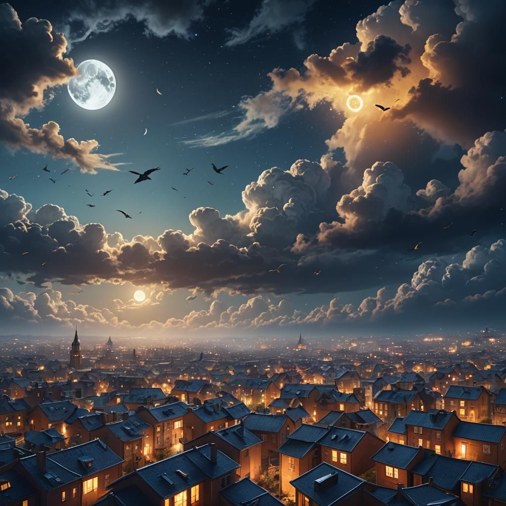 Dreamlike Nocturnal Cityscape with Sparrow, Digital Matte Pa...