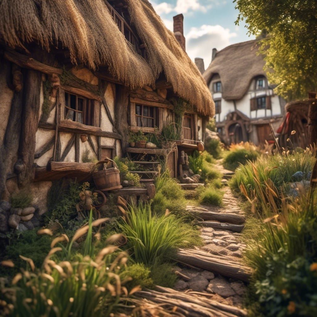 Peasant Thatching Medieval House in Soft Focus