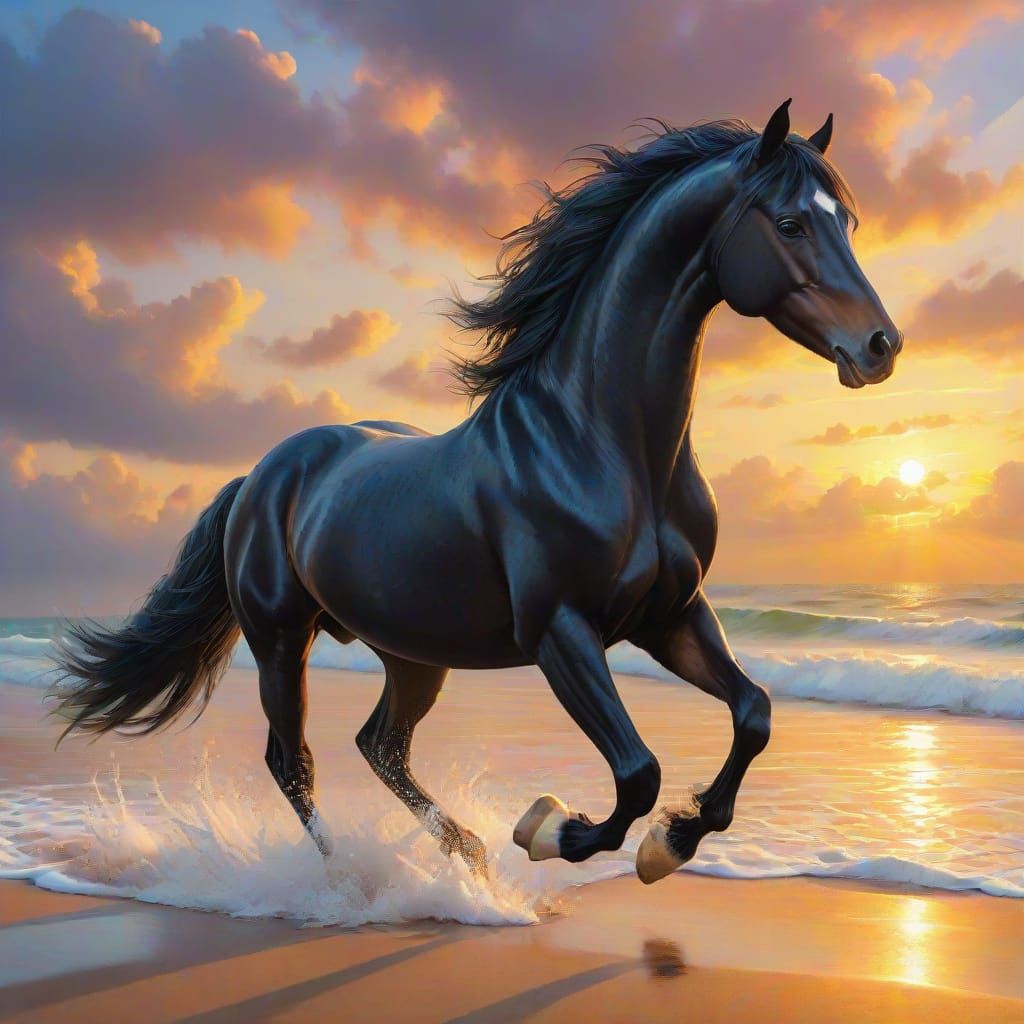 Noble Black Arabian Stallion in Sunset Splendor