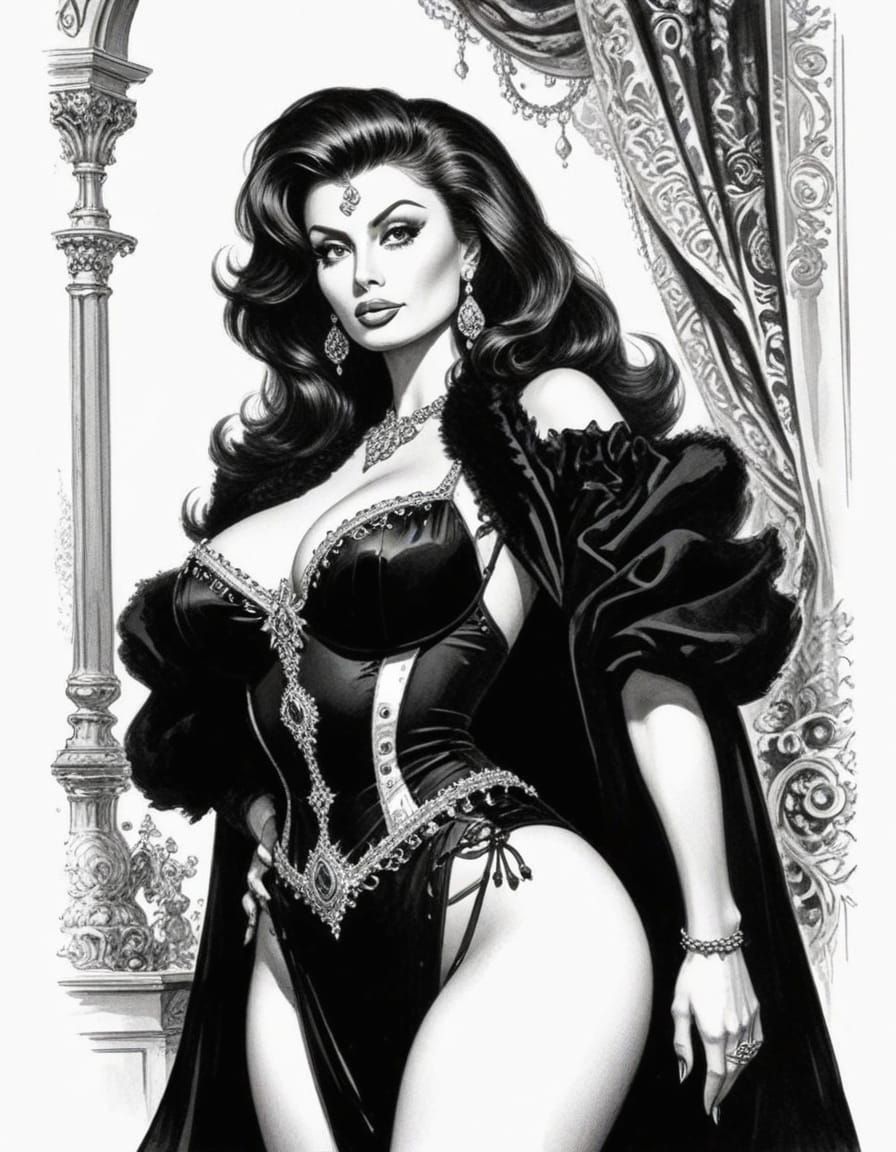 Pinup Woman in Black and White Line Art